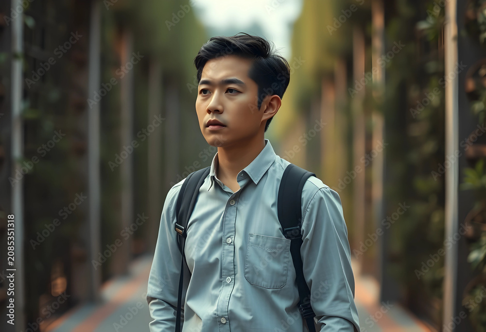 Fototapeta premium East Asian man walking outdoors in business casual attire
