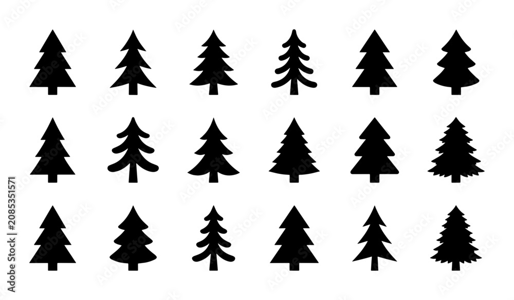 Obraz premium Set of 15 Black Pine Tree Icons, Evergreen Forest Vector Graphics, Winter Nature Silhouette Collection for Seasonal Design