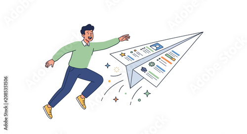 Ambitious young professional launching a resume paper airplane for career job hunting flat design vector illustration