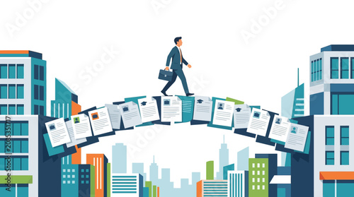 Businessman walking across bridge of resumes between city office buildings flat design vector illustration