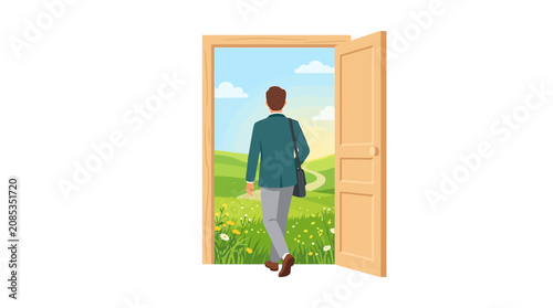 Businessman walking through open door into bright green nature landscape for new career opportunities flat vector illustration