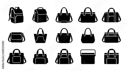 Foto Vector Icons Set: Diverse Bag Styles, Backpacks, Totes, Duffels, and Shoulder Ba