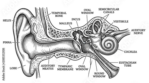 Fotografie Human Ear Anatomy Diagram: Cross-section with Labels