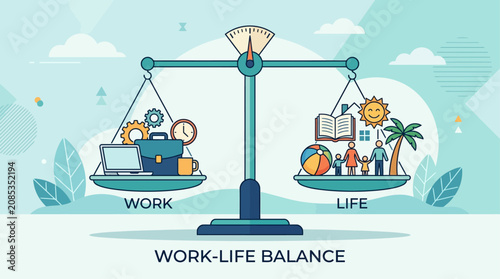 A powerful flat design vector illustration showcasing a perfectly balanced scale, symbolizing the importance of work-life equilibrium, especially relevant during the Labor Day holiday. 
