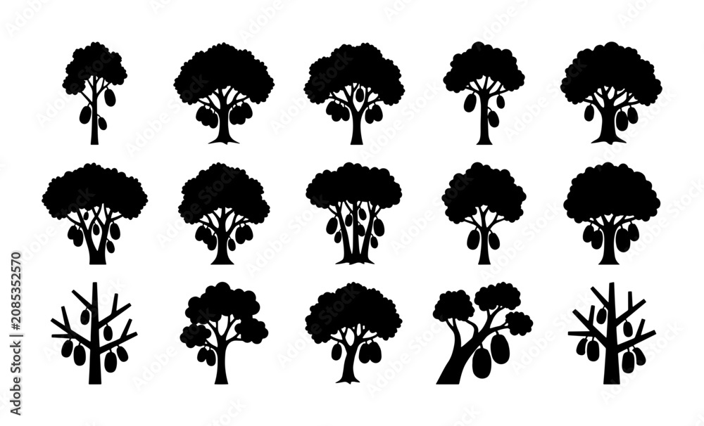 Obraz premium Set of 15 Black Silhouette Cacao Trees with Pods, Tropical Fruit Plantation Icons, Organic Food Farming Vector Graphics