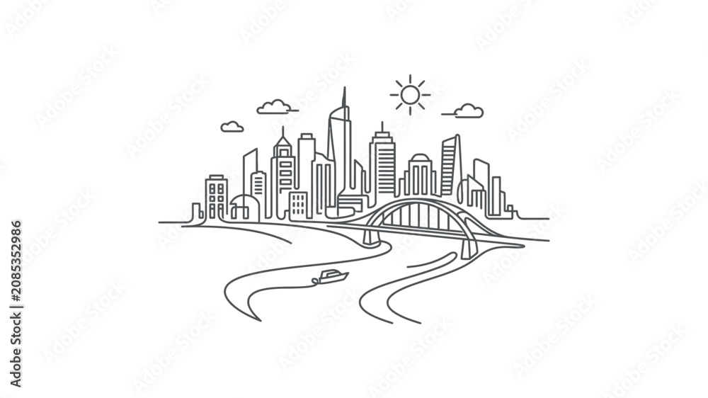 Fototapeta premium City Skyline with River and Bridge.
