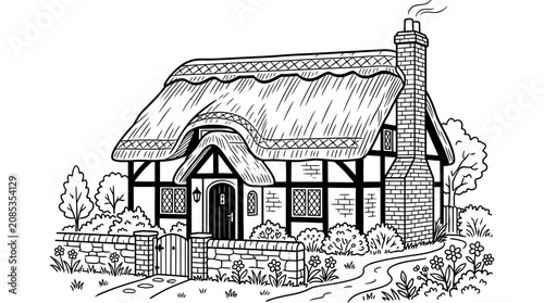 Obraz na plátně Charming Thatched Cottage Drawing, English Countryside Home, Black and White Ill