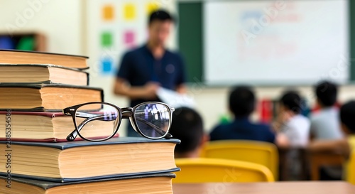 Eyeglasses on stack of books in classroom. Teacher instructing student in background. Academic study, education and back to school concept. Learning process in primary school seminar