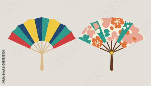 Traditional Japanese folding fans featuring colorful stripes and beautiful cherry blossom patterns on a neutral background.