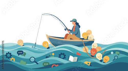 Businesswoman fishing for lightbulb ideas in an ocean of creativity and innovation flat design vector illustration