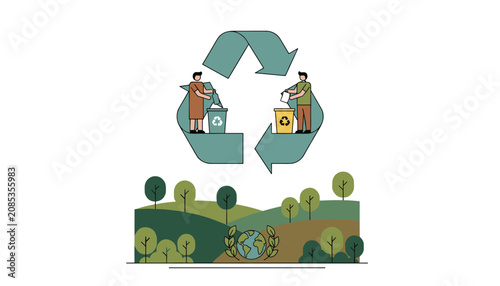 Environmentally friendly recycling loop illustrating responsible citizens disposing of waste in a green forest landscape.