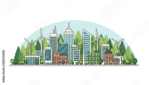 Sustainable green city panorama featuring modern eco friendly skyscrapers large wind turbines and solar panels.
