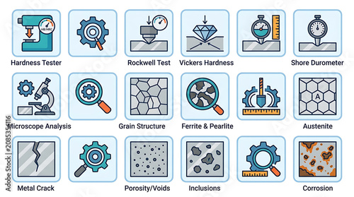 Various metal analysis tests displayed on icons including hardness tester and microscope