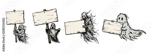 Fotografie 4 of horror ghosts holding blank wooden signboard isolated