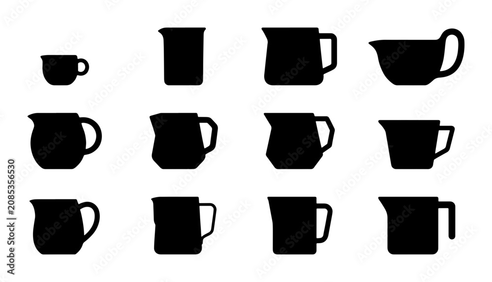 Obraz premium Set of 12 Pitcher Icons, Various Sizes and Styles, Black Silhouette Vector Graphics for Kitchenware and Beverage Service Designs