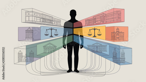 The Human Framework: An illustration depicting a human silhouette surrounded by abstract representations of societal structures, judicial systems, and institutional buildings.