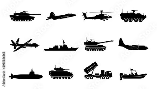 Canvastavla Military Vehicle Silhouettes Collection: Tanks, Jets, Helicopters, Ships, Submar