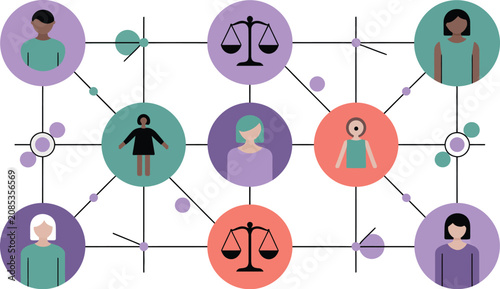Diversity and Inclusion Network: An abstract illustration depicts a network of diverse individuals connected by lines, symbolizing unity, equality, and community, with symbols of justice and balance.