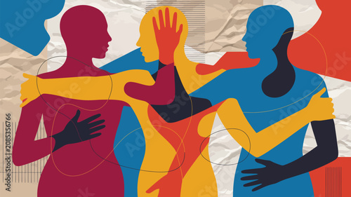 Abstract Embrace: A vibrant, abstract illustration depicts three interconnected figures in a warm embrace, symbolizing unity, support, and shared human experience.