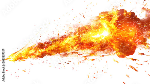 Long flame trail blazing over transparent black background