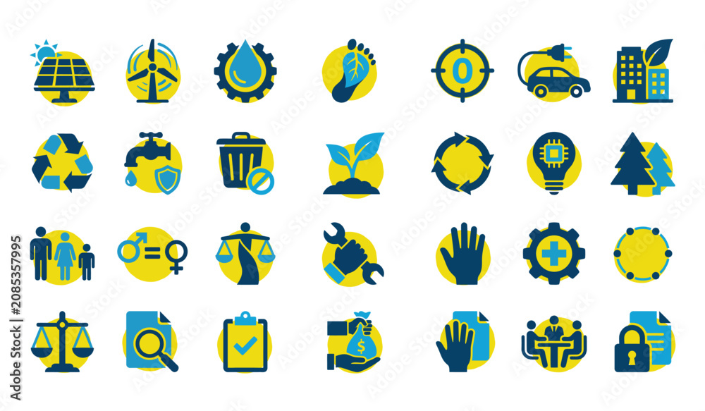 Fototapeta premium ESG and Sustainable Business Flat Icon Collection with Environmental Governance Symbols