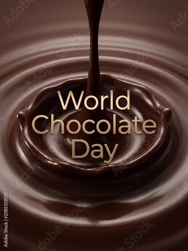 Golden World Chocolate Day text on pouring rich liquid chocolate background
