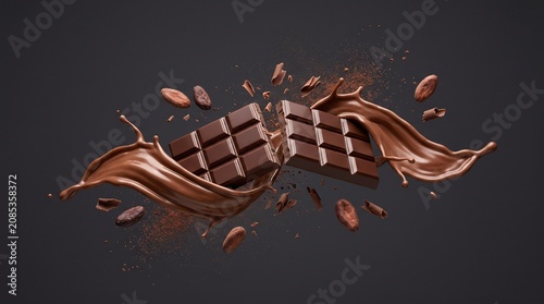 Broken chocolate bar with flying liquid splashes and scattered cocoa beans