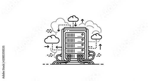 Server rack with cloud computing illustration