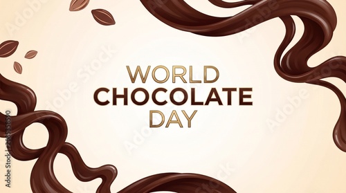 World Chocolate Day Banner With Melted Chocolate Swirls And Beans