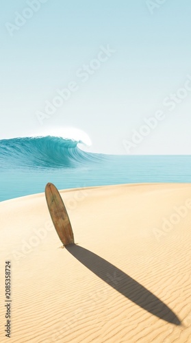 Minimalist surfboard in beach sand dune facing ocean wave; serene tropical holiday vibe.