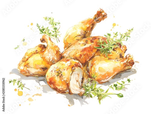 Watercolor Roasted Chicken Pieces Composition Illustration, AI Generated