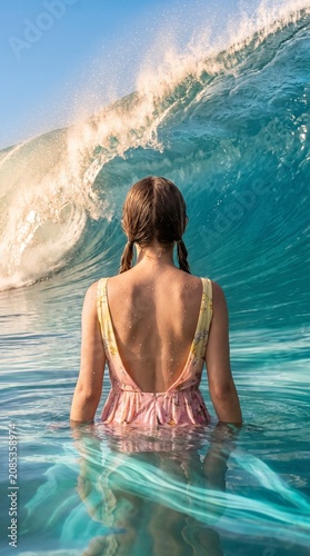 Young woman watching crashing ocean wave during tropical summer vacation vertical background.