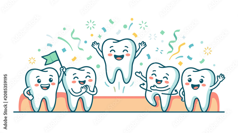 Fototapeta premium Cheerful cartoon teeth characters celebrating dental hygiene success with confetti and flags flat design vector illustration.