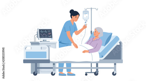 Caring female nurse adjusting intravenous infusion for elderly patient in hospital ward flat design vector illustration