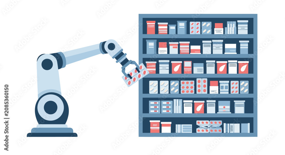 Obraz premium Automated robotic arm picking pharmaceutical blister packs from pharmacy warehouse shelves flat vector illustration