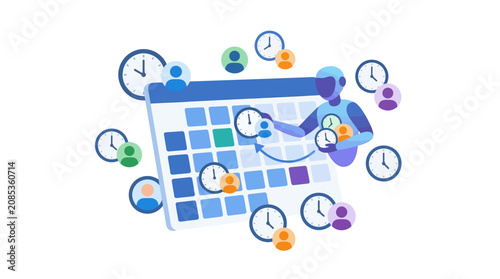 AI assistant robot scheduling global business meetings on digital calendar flat vector illustration.