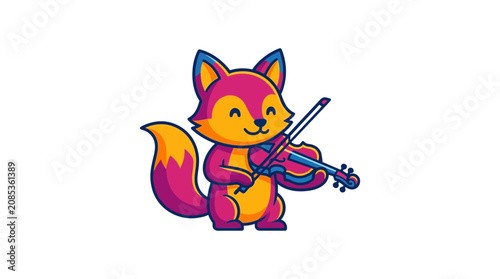 Fotografie Cute cartoon fox playing the violin, vibrant colors, white background