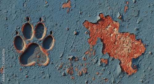 Cat paw print shaped cracked paint texture on an old blue weathered wall abstract background