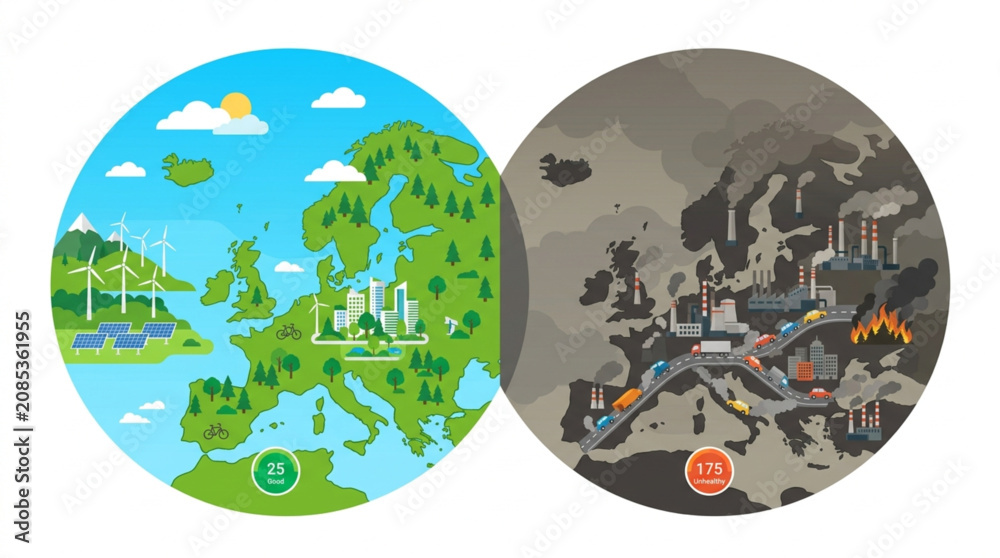 Naklejka premium Split view comparison of Europe, showing a clean green landscape with renewable energy versus a polluted industrial cityscape with factories and traffic congestion