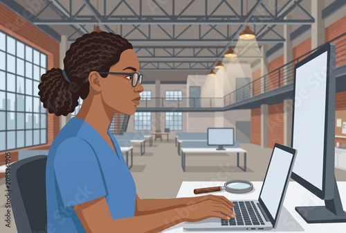 Woman laptop office illustration computer, focused worker typing in modern workspace