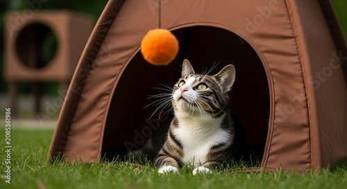 Cat inside a brown pet tent looking up at a hanging orange ball toy on green grass outdoor backyard concept