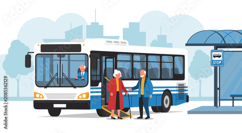 Senior citizens boarding city bus vector illustration design with urban bus stop station background and accessible transportation 30