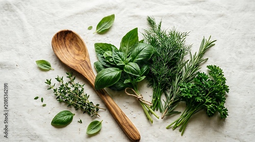 Fresh Culinary Herbs with Wooden Spoon on White Linen Background