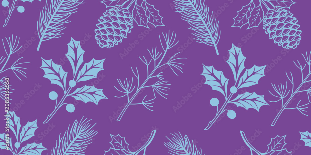 Fototapeta premium Seamless Christmas pattern with pine cone, holly leaf and branch design. Winter botanical illustration on purple background. Ideal for fabric, wallpaper, background designs.