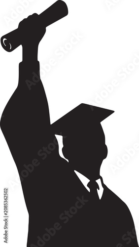 Silhouette of a graduate student holding a diploma scroll in the air