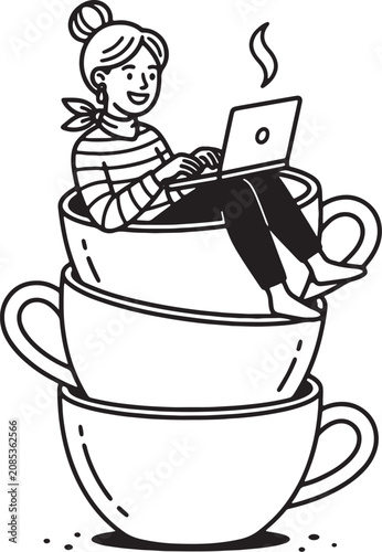 Illustrated woman sitting on a stack of oversized coffee cups working