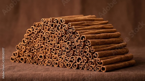 Large Stack of Natural Cinnamon Sticks on Brown Background