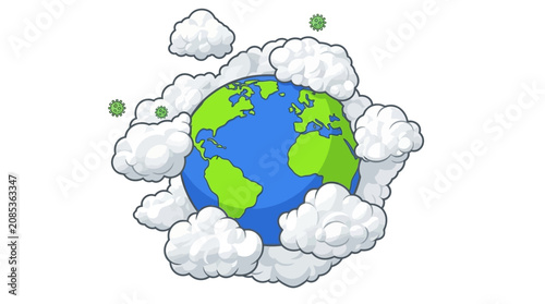 Fotografija The Earth floats serenely amidst fluffy white clouds and green bubbles in space