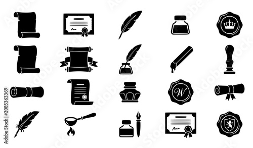 Vintage Scroll and Quill Silhouette Vector Icon Pack