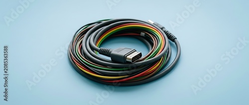 Multi-colored coiled computer cable with connector on blue background